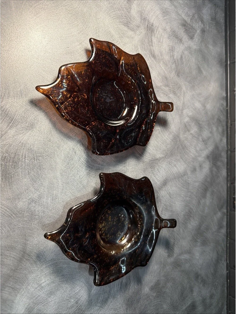 Maple Leaf Tea Light Holders Colored Glass Molded Bottoms Set/2 Fall Decor